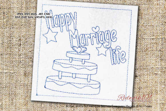 Cake with Happy Marriage Life Redwork